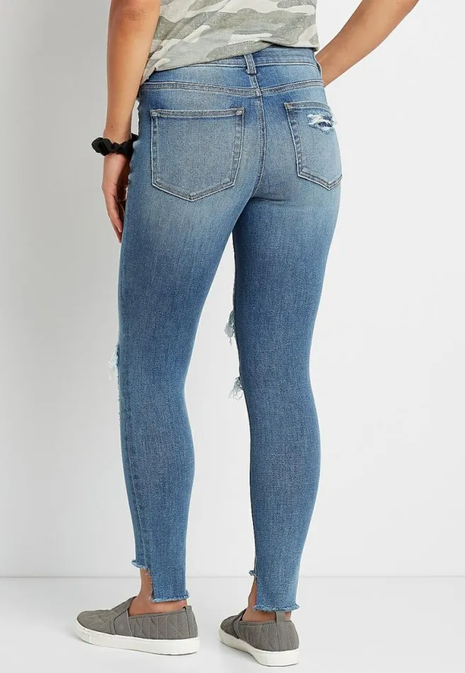 Premium High Rise Medium Backed Destructed Button Fly Skinny Jean Women Maurices Jeans