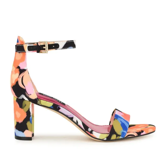 Pruce Ankle Strap Block Heel Sandals Black Floral Women Nine West Sandals