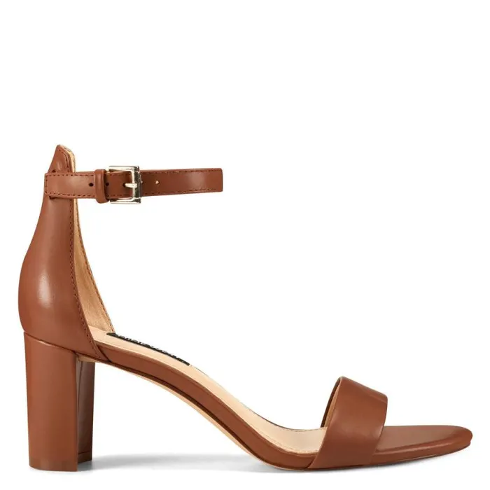 Pruce Ankle Strap Block Heel Sandals Light Brown Leather Women Nine West Sandals