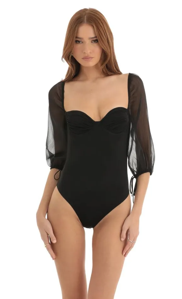 Puff Sleeve Bodysuit Black Women LUCY IN THE SKY Tops
