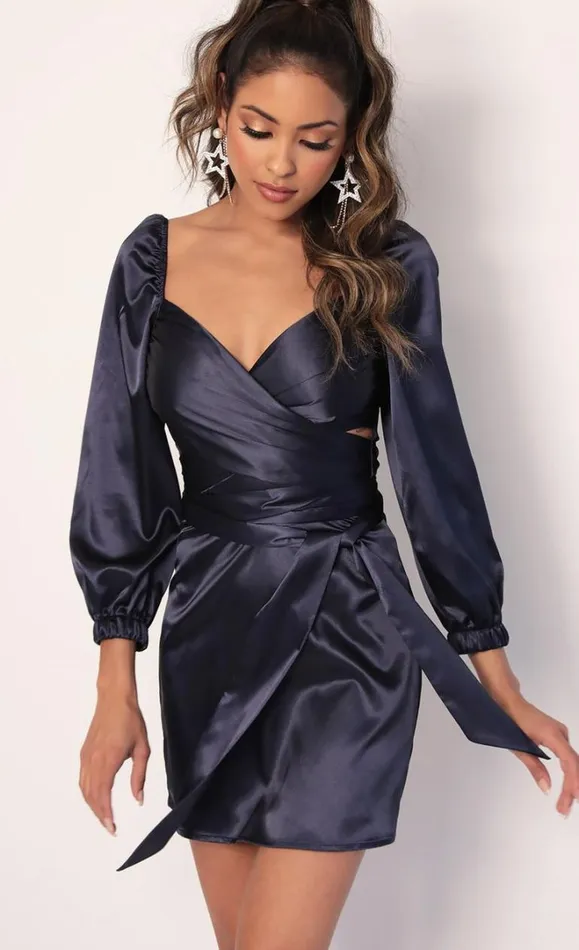 Puff Sleeve Wrap Dress Navy Women LUCY IN THE SKY Mini Dresses
