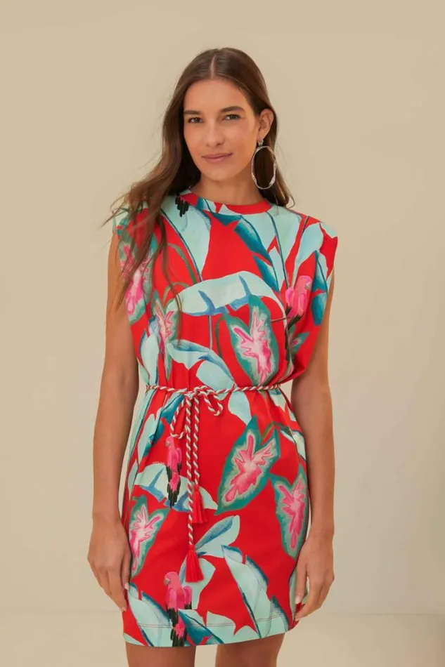 Red Summer Foliage Organic Cotton Mini TShirt Dress Women FARM Rio Mini Dresses
