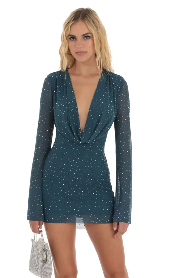 Rhinestone Plunge Neck Dress Teal Women LUCY IN THE SKY Mini Dresses Rhinestone Plunge Neck Dress Teal Women LUCY IN THE SKY Mini Dresses