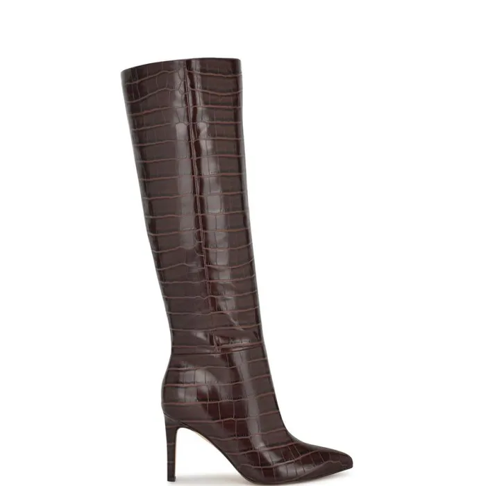 Richy Wide Calf Heeled Boots Brown Croco Women Nine West Boots and Booties