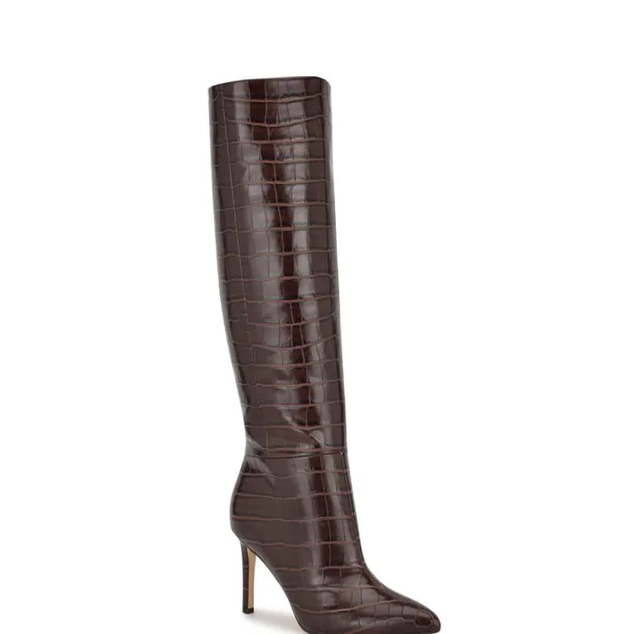 Richy Wide Calf Heeled Boots Brown Croco Women Nine West Boots and Booties Richy Wide Calf Heeled Boots Brown Croco Women Nine West Boots and Booties