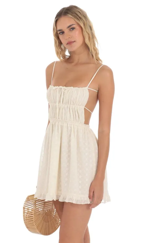 Ruched Floral Open Back Dress Cream Women LUCY IN THE SKY Mini Dresses