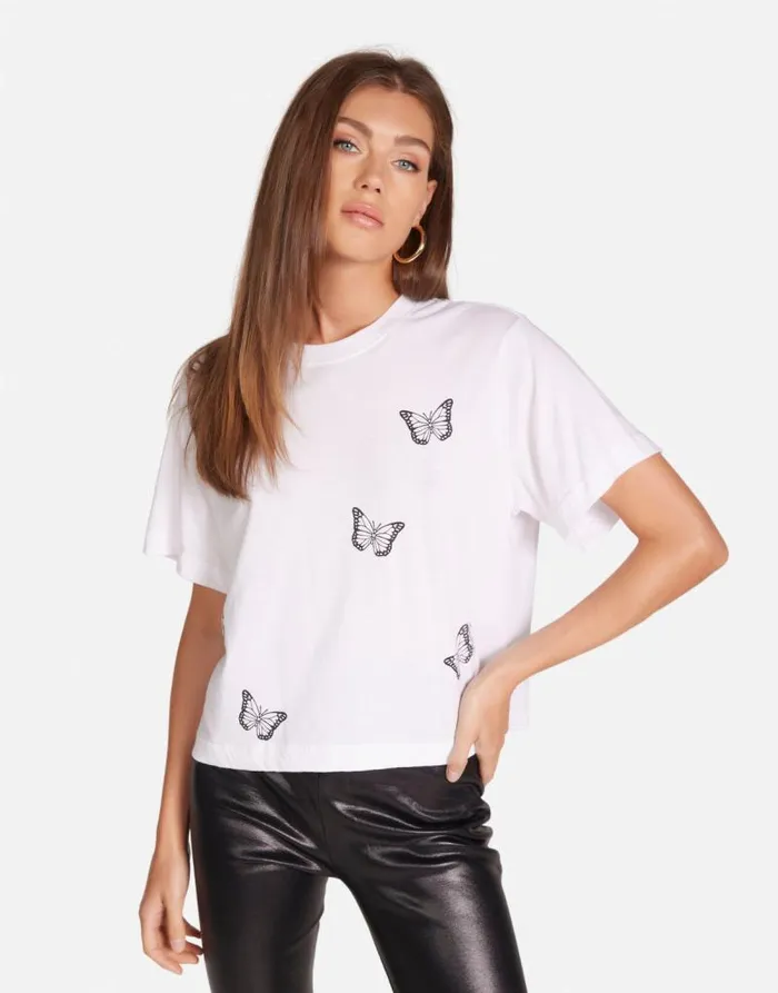 Rue Optimist Butterflies White Women Lauren Moshi Short Sleeve