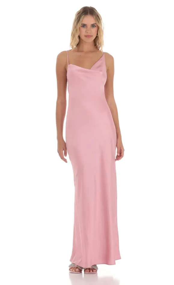 Satin Asymmetrical Cowl Neck Maxi Dress Pink Women LUCY IN THE SKY Maxi Dresses