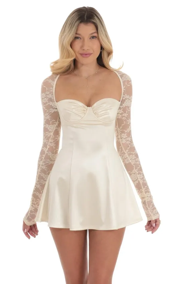 Satin Lace Sleeve Dress Yellow Cream Women LUCY IN THE SKY Mini Dresses Satin Lace Sleeve Dress Yellow Cream Women LUCY IN THE SKY Mini Dresses