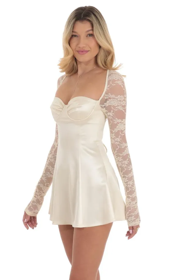 Satin Lace Sleeve Dress Yellow Cream Women LUCY IN THE SKY Mini Dresses Satin Lace Sleeve Dress Yellow Cream Women LUCY IN THE SKY Mini Dresses