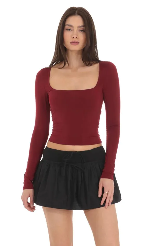 Scoop Neck Long Sleeve Top Maroon Women LUCY IN THE SKY Tops