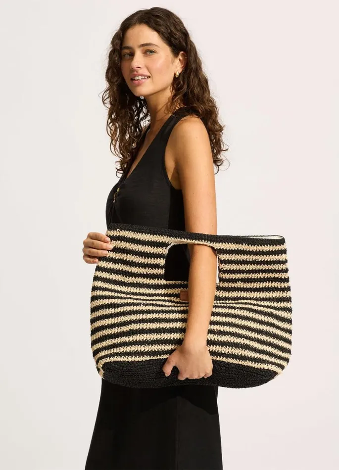 Seafolly Beach Bags Women Raffia Stripe Basket Bag 8211 NaturalBlack