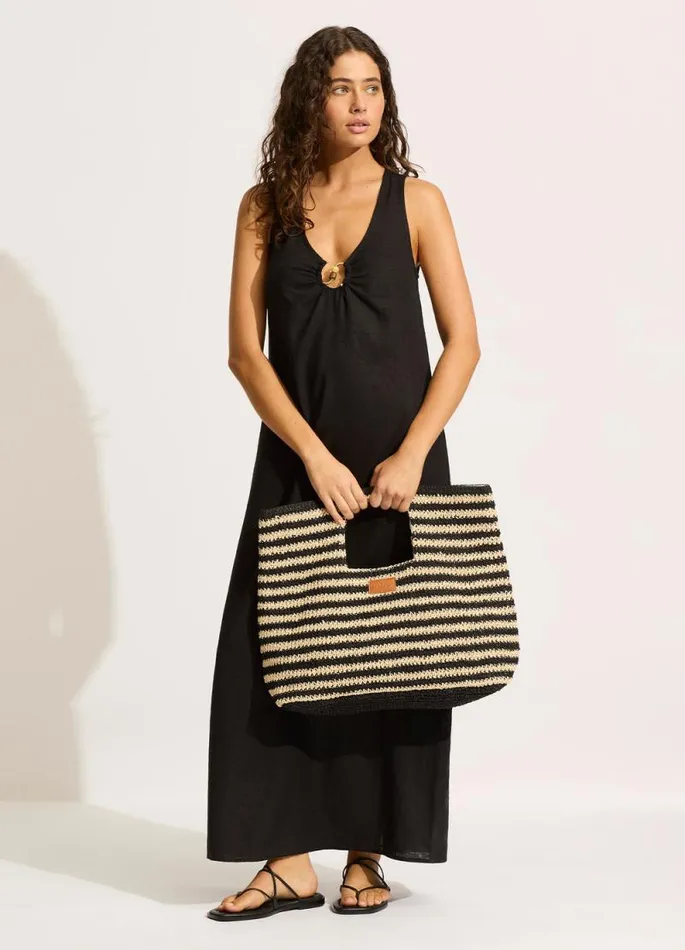 Seafolly Beach Bags Women Raffia Stripe Basket Bag 8211 NaturalBlack