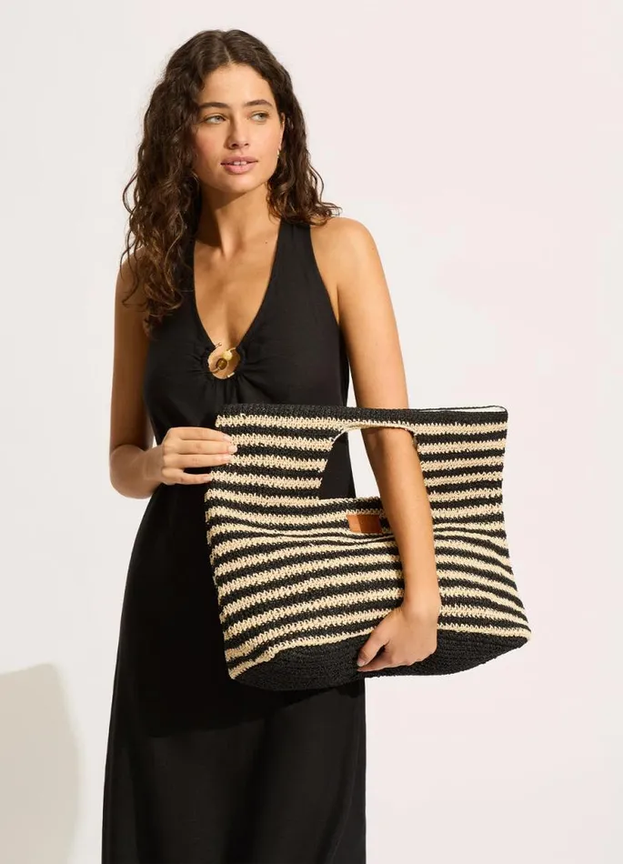 Seafolly Beach Bags Women Raffia Stripe Basket Bag 8211 NaturalBlack