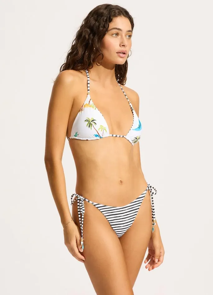 Seafolly Brazilian Women Isla Palm Reversible Tie Side Rio Bikini Bottom 8211 White
