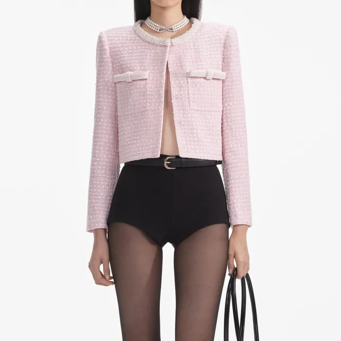 Self Portrait CoOrds Women Pink Boucle Pearl Trim Jacket