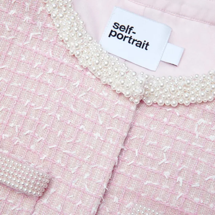 Self Portrait CoOrds Women Pink Boucle Pearl Trim Jacket