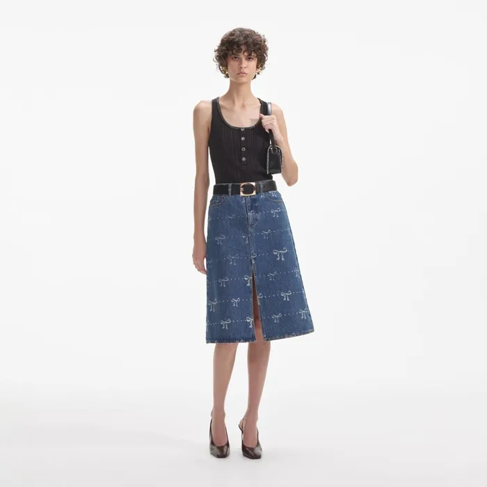 Self Portrait Denim Women Bow Print Denim Midi Skirt