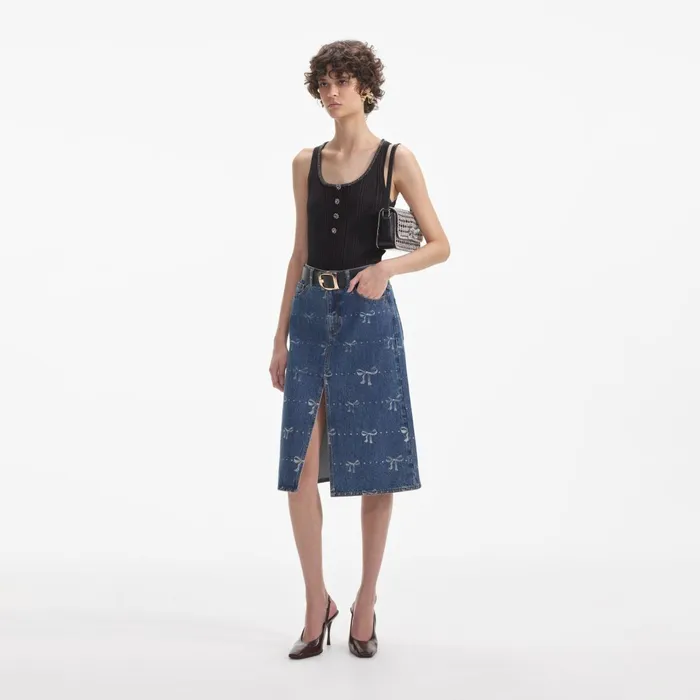 Self Portrait Denim Women Bow Print Denim Midi Skirt