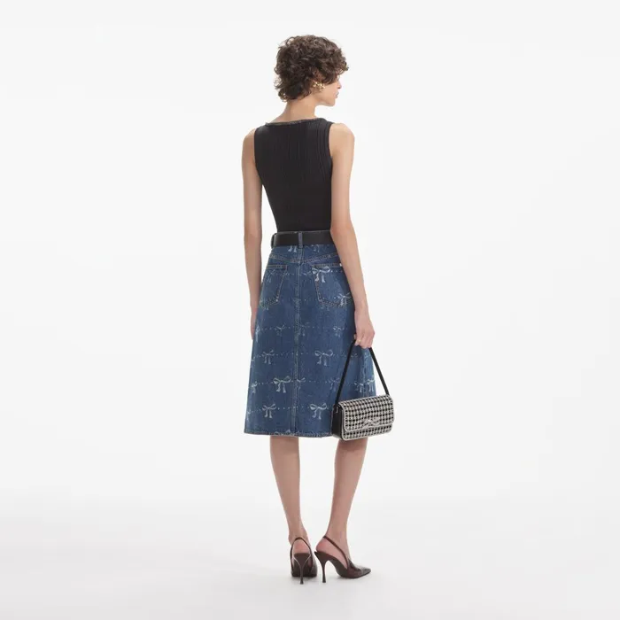 Self Portrait Denim Women Bow Print Denim Midi Skirt