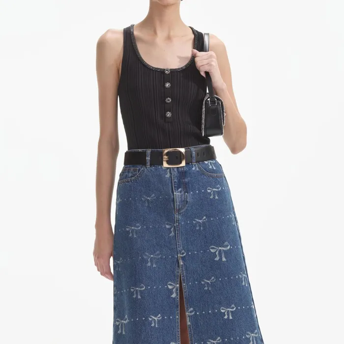 Self Portrait Denim Women Bow Print Denim Midi Skirt