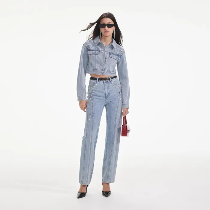 Self Portrait Denim Women Crystal Embellished Denim Jacket