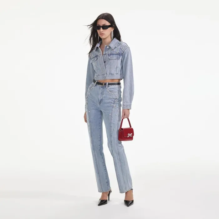 Self Portrait Denim Women Crystal Embellished Denim Jacket