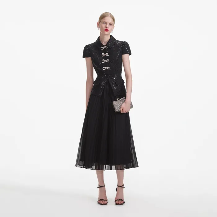 Self Portrait Dresses Women Black Boucle Bow Midi Dress