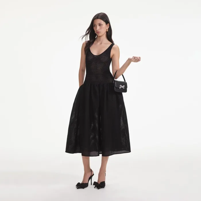 Self Portrait Dresses Women Black Crochet Knit Midi Dress
