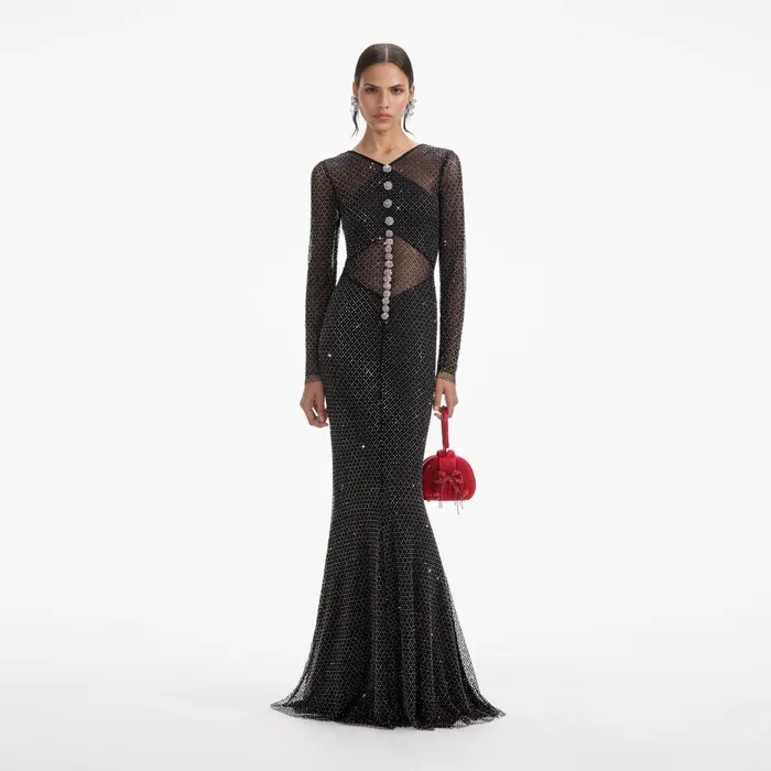 Self Portrait Dresses Women Black Rhinestone Fishnet Crossover Maxi Dress