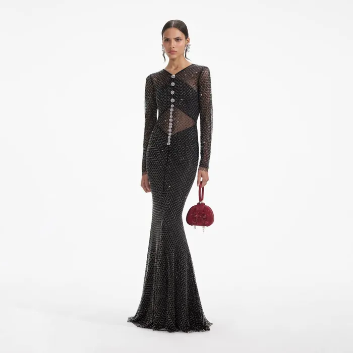 Self Portrait Dresses Women Black Rhinestone Fishnet Crossover Maxi Dress