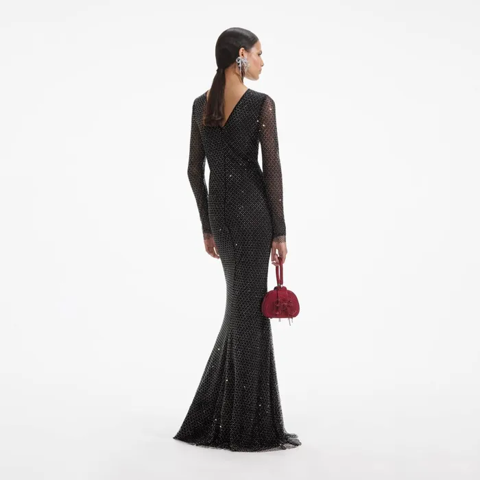 Self Portrait Dresses Women Black Rhinestone Fishnet Crossover Maxi Dress