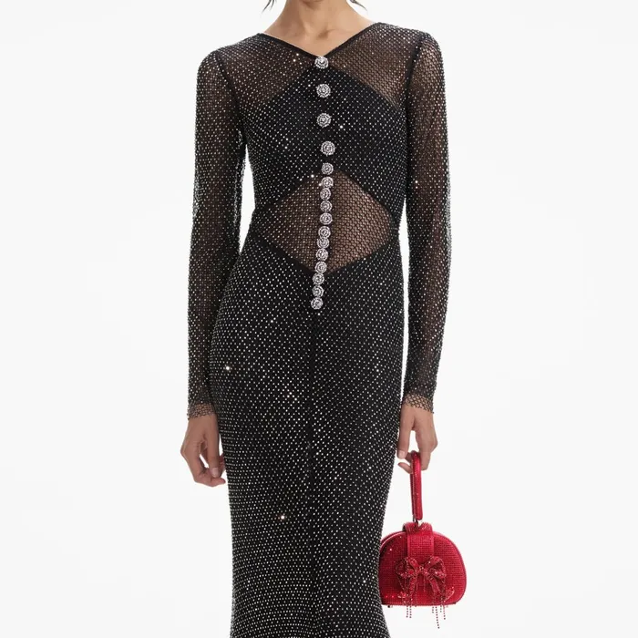 Self Portrait Dresses Women Black Rhinestone Fishnet Crossover Maxi Dress