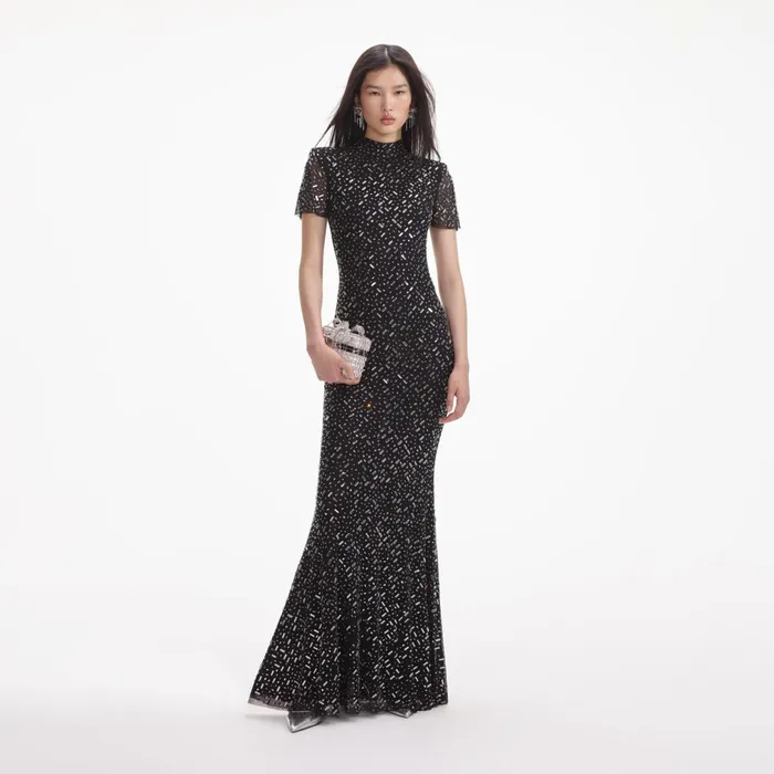 Self Portrait Dresses Women Black Square Rhinestone Mesh Maxi Dress