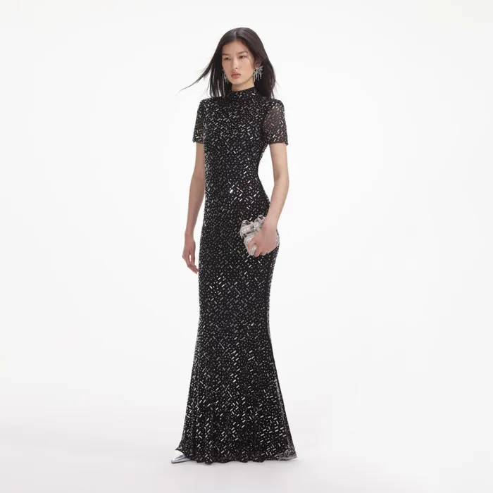Self Portrait Dresses Women Black Square Rhinestone Mesh Maxi Dress
