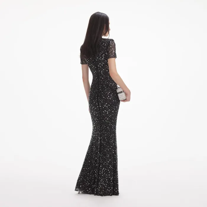Self Portrait Dresses Women Black Square Rhinestone Mesh Maxi Dress