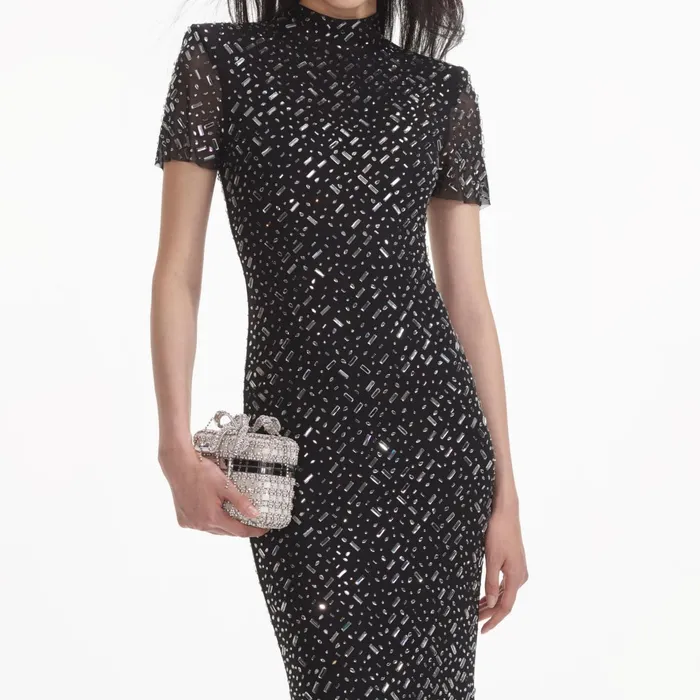 Self Portrait Dresses Women Black Square Rhinestone Mesh Maxi Dress