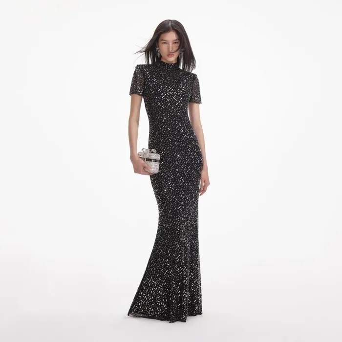 Self Portrait Dresses Women Black Square Rhinestone Mesh Maxi Dress