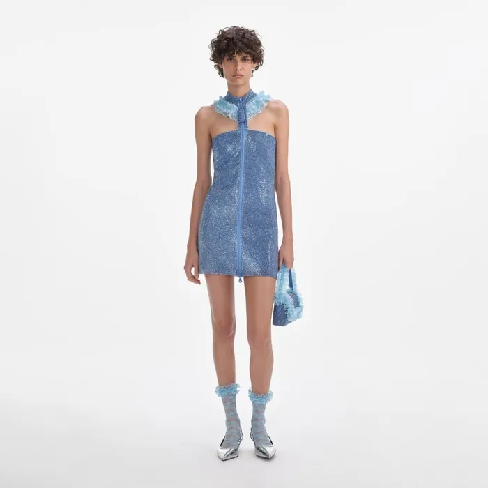Self Portrait Dresses Women Blue Crystal Chainmail Zip Mini Dress