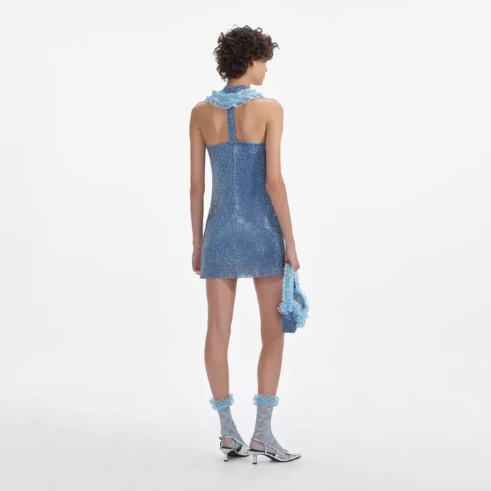 Self Portrait Dresses Women Blue Crystal Chainmail Zip Mini Dress