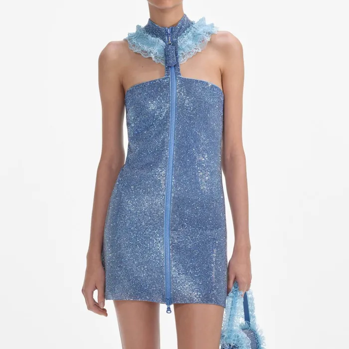 Self Portrait Dresses Women Blue Crystal Chainmail Zip Mini Dress