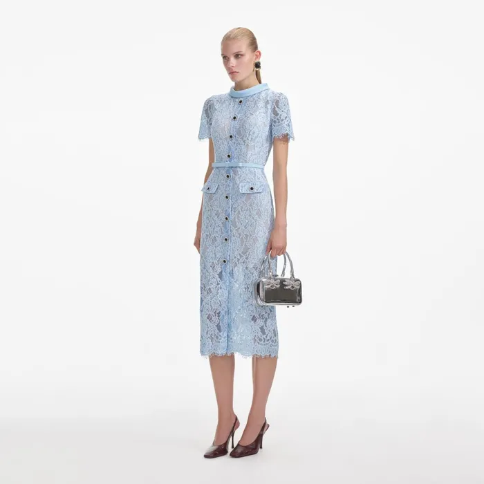 Self Portrait Dresses Women Blue Lace Button Midi Dress