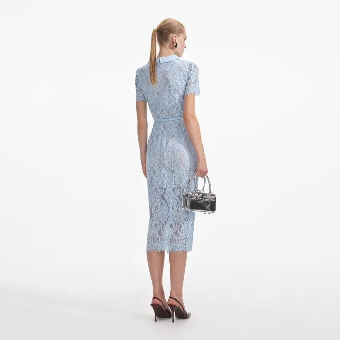 Self Portrait Dresses Women Blue Lace Button Midi Dress