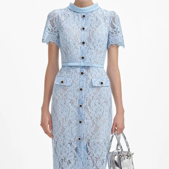 Self Portrait Dresses Women Blue Lace Button Midi Dress
