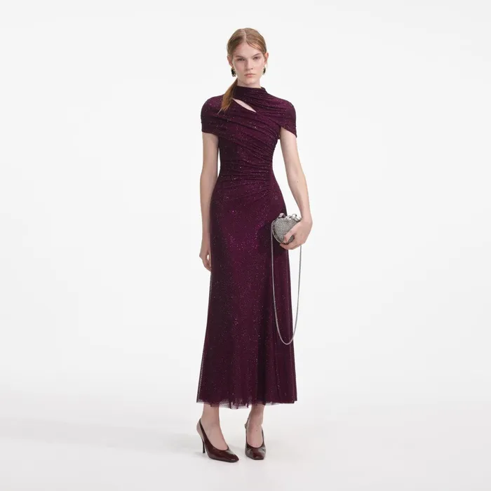Self Portrait Dresses Women Burgundy Rhinestone Mesh Cut Out Midi Dress