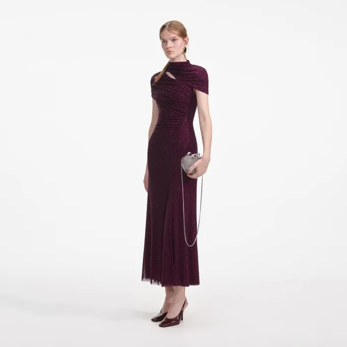 Self Portrait Dresses Women Burgundy Rhinestone Mesh Cut Out Midi Dress