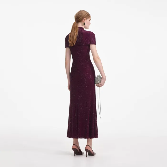 Self Portrait Dresses Women Burgundy Rhinestone Mesh Cut Out Midi Dress