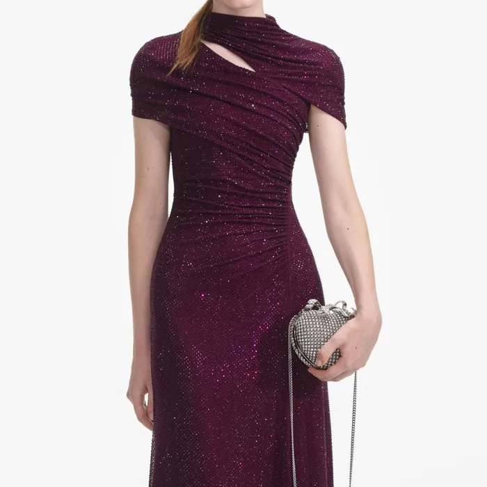 Self Portrait Dresses Women Burgundy Rhinestone Mesh Cut Out Midi Dress