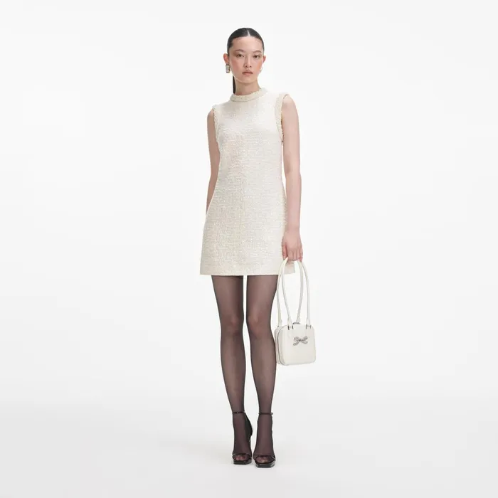 Self Portrait Dresses Women Cream Boucle Pearl Trim Mini Dress
