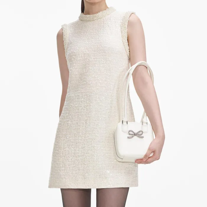 Self Portrait Dresses Women Cream Boucle Pearl Trim Mini Dress